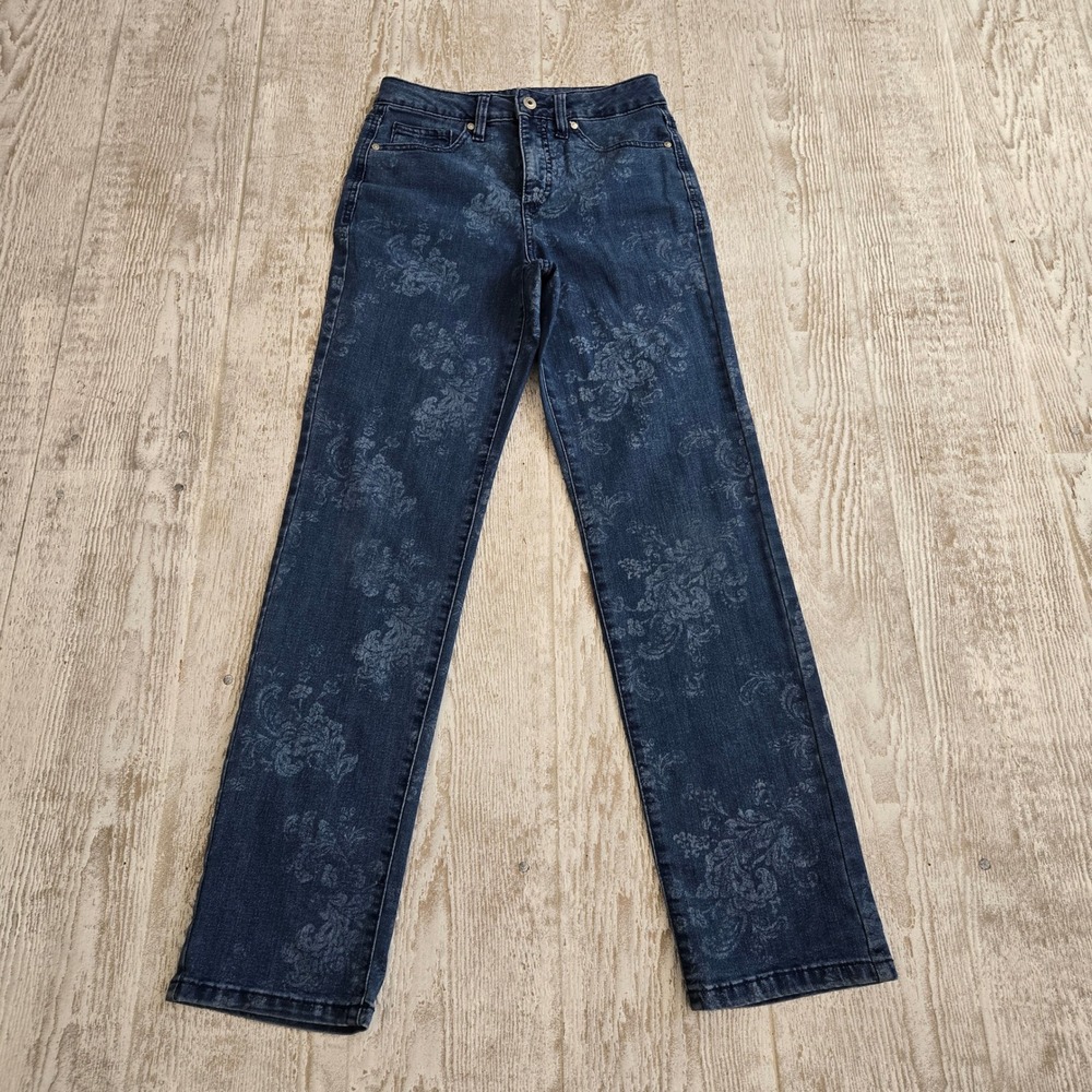 Style & Co Womens Straight Leg Floral Print Jeans Dark Wash Denim Size 4